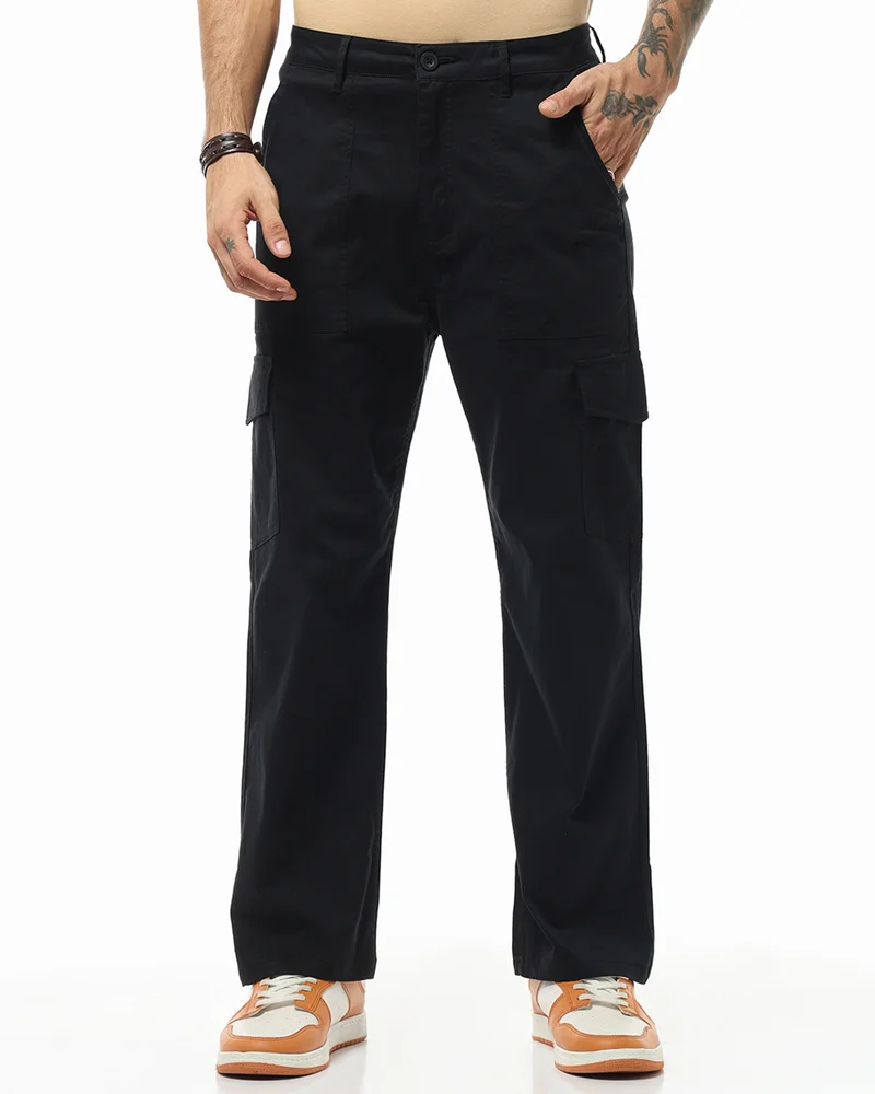 بيواكوف بنطلون كارغو رجالي أسود بقصة مستقيمة