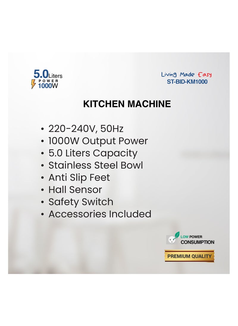 STAR TRACK STAR TRACK Kitchen Machine ST-BID-KM1000, 1000W, 5.0L Stainless Steel Bowl, Dough Hook, Beater & Whisk, Premium Quality  - Image 3