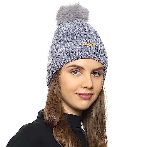 RR DESIGN Winter Warm Wool Pom Pom Hat Soft Thick Knit Acrylic Beanie Hat Caps-Winter Headgear for Girls and Women's (Grey) - Image 1