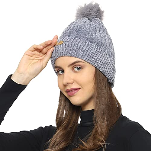 RR DESIGN Winter Warm Wool Pom Pom Hat Soft Thick Knit Acrylic Beanie Hat Caps-Winter Headgear for Girls and Women's (Grey) - Image 2