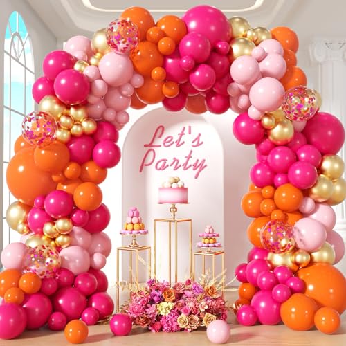 Leraqertra Pink and Orange Balloon Arch Kit with Hot Pastel Pink Orange Metallic Gold Confetti Balloons for Wedding Baby Shower Birthday Party Decorations - Image 1