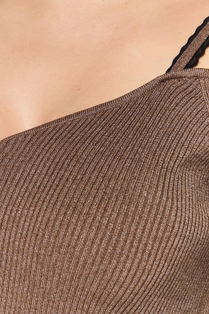 PINKO بلوزة معدنية ذات ياقة مربعة بأكمام طويلة للنساء، بني - Image 5