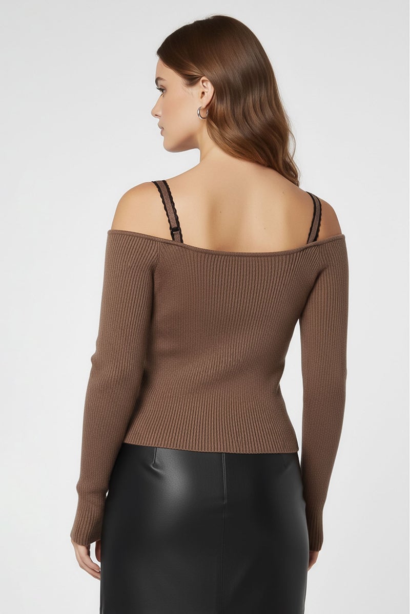 PINKO بلوزة معدنية ذات ياقة مربعة بأكمام طويلة للنساء، بني - Image 4