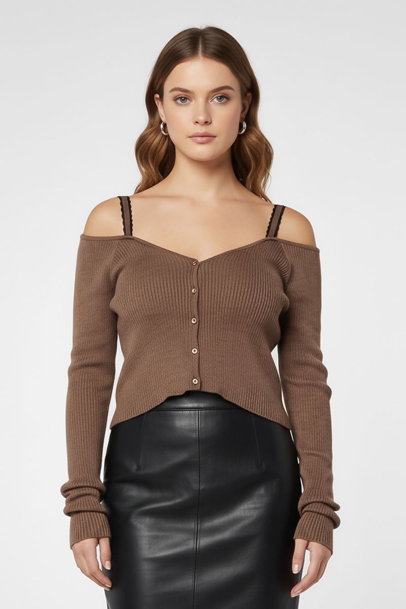 PINKO Women Square Neck Long Sleeve Metallic Top, Brown - Image 1
