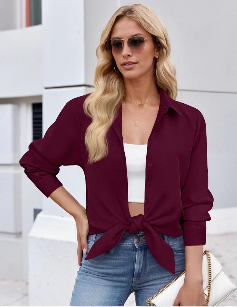 Zeagoo Button Down Shirts for Women Long Sleeve Burgundy Shirt Business Casual Tops Collared Work Blouses Spring Clothes L - Image 3