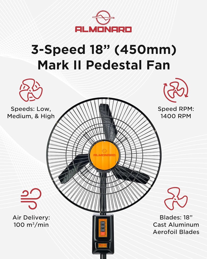 Almonard Almonard 18 450Mm MarkIi Pedestal Fan High Speed Stand Fan With 3 Speed Settings Cast Aluminum Metal Blades 90 Degree Oscillating Pedestal Fan With Adjustable Fan Height Tilt Black  - Image 2
