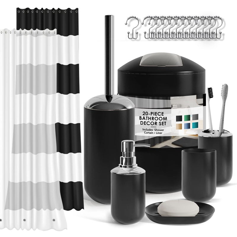 Clara Clark Bathroom Set  Black Bathroom Accessories Set 20PC Bathroom Accessory Set Shower Curtain Set Soap Dispenser Toilet Brush  Trash Can