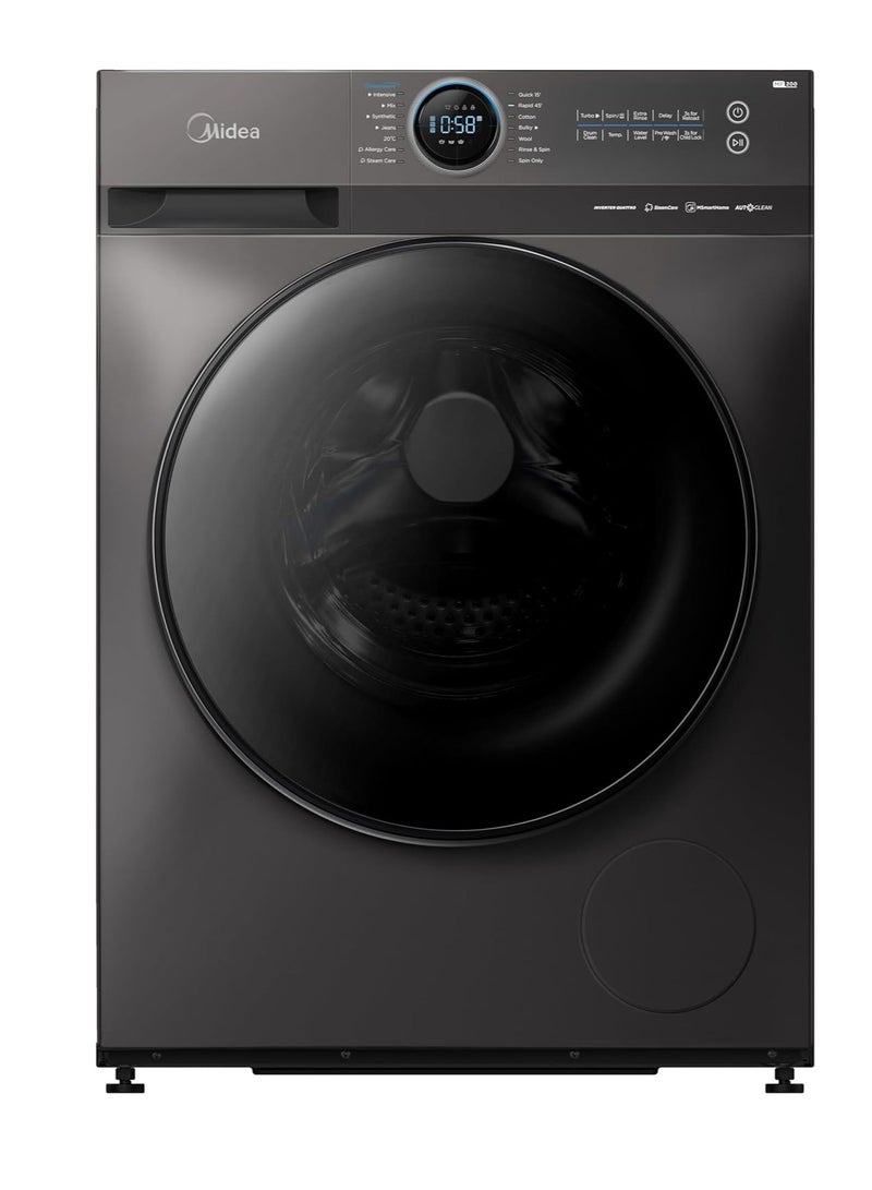 Midea Automatic Washing Machine Front Load 9 kilograms 1400 RPM Inverter motor and steam function 15 Washing programs MF200W90B/TT 9 kg MF200W90B/TT Titanium Gray - Image 1