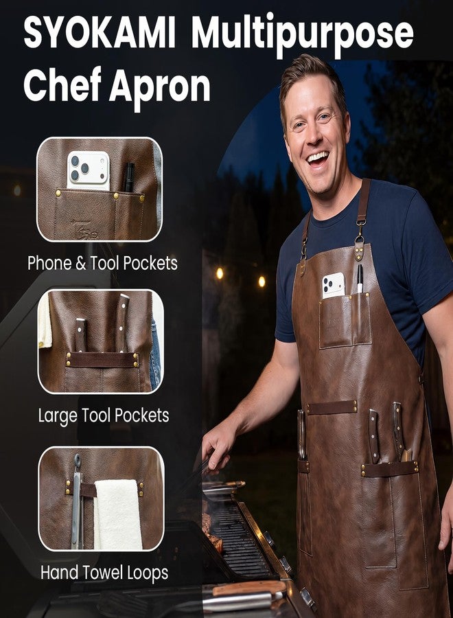 SYOKAMI Synthetic Leather Chef Cooking Apron for Men, Cross Back Apron for All-Day Comfort, Waterproof Apron with Multiple Pockets, Great for Kitchen, Garden, BBQ, Butcher Work or Crafts, Ideal Gift - Image 2