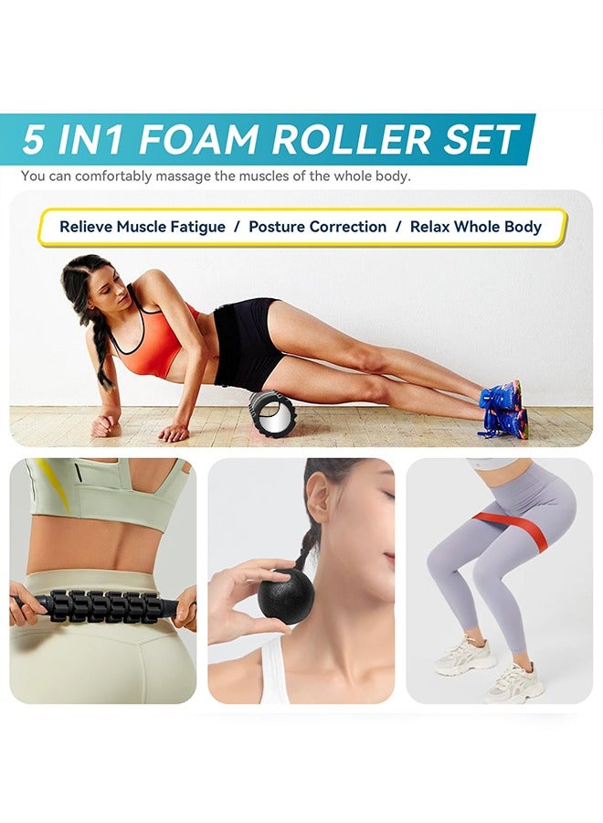 5 in1 Foam Roller Set for Deep Tissue Muscle Massage, High Density Fitness Exercise Foam Roller, Massage Roller, Massage Ball, Resistance Band