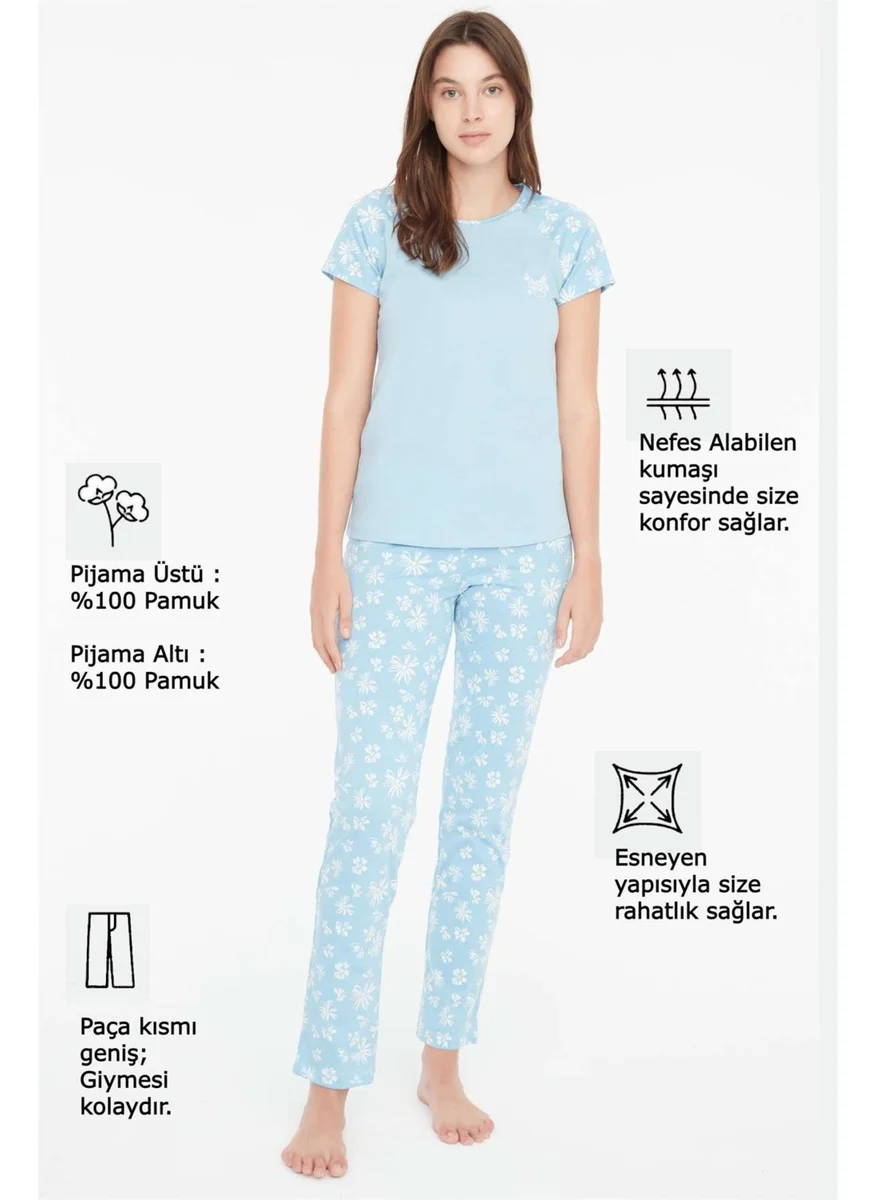Mod Collection - Women's Blue Round Neck Pajama Set 3857