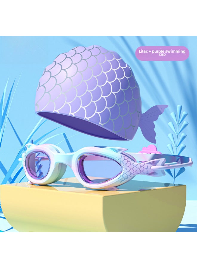 Generic Children's Swimming Goggles Anti-fog Boys And Girls Small Frame Goggles Swimming Training Diving Swimming HD Waterproof Professional Equipment-Color:Lilac Fish-shaped Cartoon + Silicone Cap - Image 1