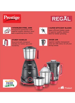 PRESTIGE Prestige 750 Watts Regal Mixer Grinder with 4 Jars (3 Stainless Steel Jars + 1 Juicer Jar)| Black  - Image 4