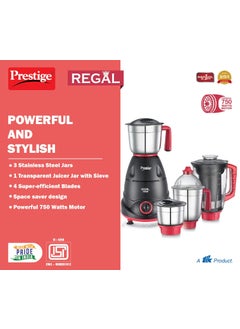 PRESTIGE Prestige 750 Watts Regal Mixer Grinder with 4 Jars (3 Stainless Steel Jars + 1 Juicer Jar)| Black  - Image 3