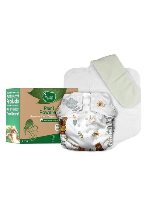 Plant Powered Cloth Diaper For Babiesfree Size ; Medical Grade Fabric With 100% Organic Cotton ; Washable & Adjustable ; 13 Layer Breathable Soaker With Builtin Booster Pad (Bearyhugs)