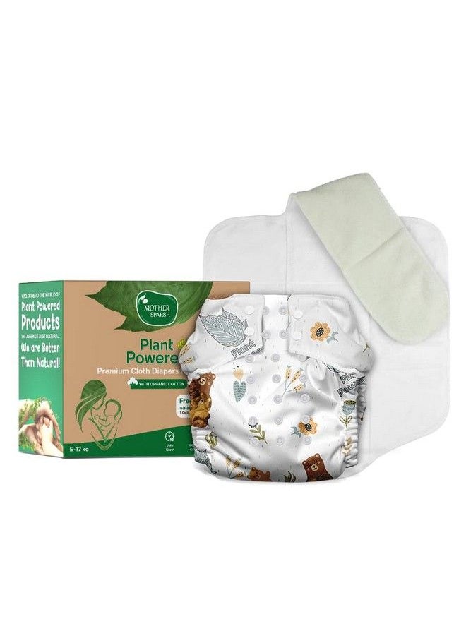 Plant Powered Cloth Diaper For Babiesfree Size ; Medical Grade Fabric With 100% Organic Cotton ; Washable & Adjustable ; 13 Layer Breathable Soaker With Builtin Booster Pad (Bearyhugs)