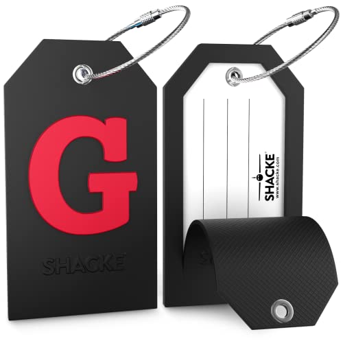 Shacke Large Luggage Tag Initial with Full Privacy Cover and Stainless Steel Loop - Black (Letter G) - Image 2