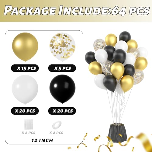 Janinus Black Gold Balloons 12 Inch Metallic Gold Black White Confetti Balloons New Year Eve Balloons for Birthday Wedding Graduation New Years Anniversary Party Decorations - Image 5