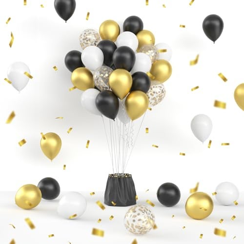 Janinus Black Gold Balloons 12 Inch Metallic Gold Black White Confetti Balloons New Year Eve Balloons for Birthday Wedding Graduation New Years Anniversary Party Decorations - Image 1
