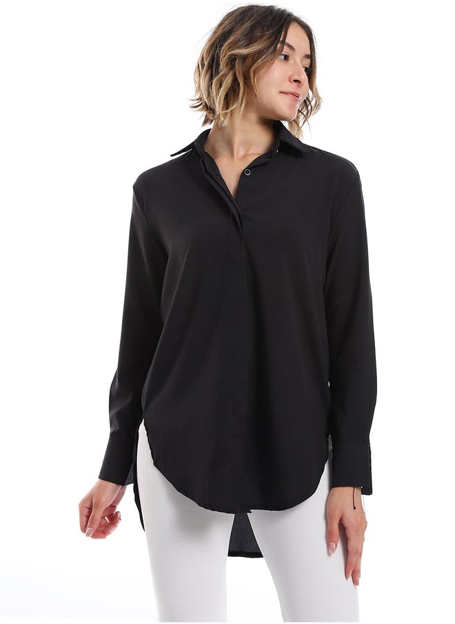 Andora - Plain Pattern Hidden Buttons Shirt _ Black - Image 1