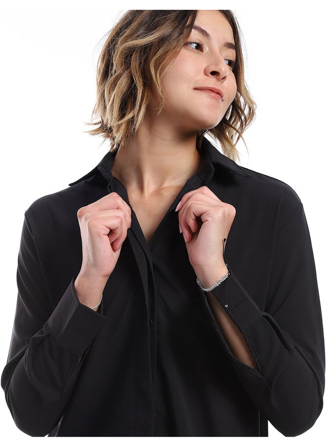 Andora - Plain Pattern Hidden Buttons Shirt _ Black - Image 1