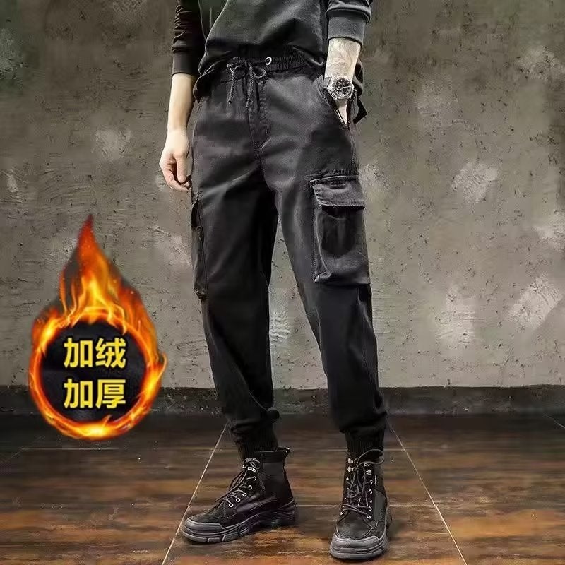 American Style Overalls Mens Autumn Fashion Brand British Loose Casual fleece-lined Pants Black - Image 1