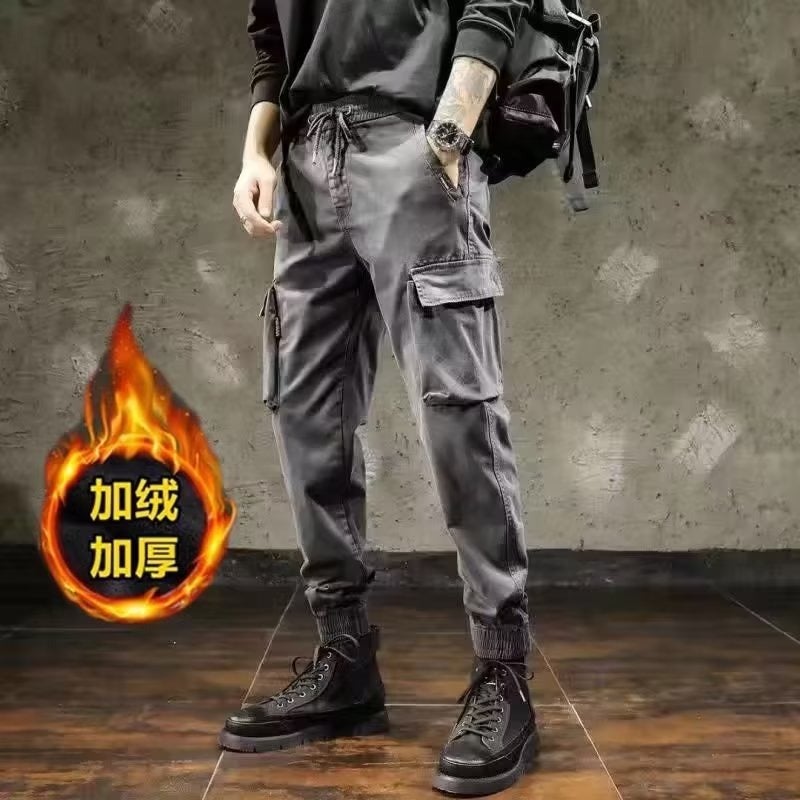 American Style Overalls Mens Autumn Fashion Brand British Loose Casual fleece-lined Pants Black - Image 2