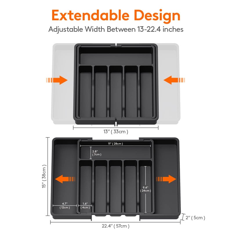 TRASSLE Silverware Drawer Organizer, Expandable Utensil Tray for Kitchen, Adjustable Flatware and Cutlery Holder, Compact Plastic Storage for Spoons Forks Knives, Large (Black) - Image 3