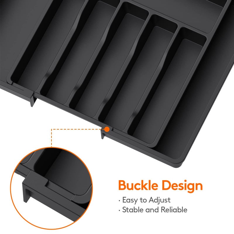 TRASSLE Silverware Drawer Organizer, Expandable Utensil Tray for Kitchen, Adjustable Flatware and Cutlery Holder, Compact Plastic Storage for Spoons Forks Knives, Large (Black) - Image 4