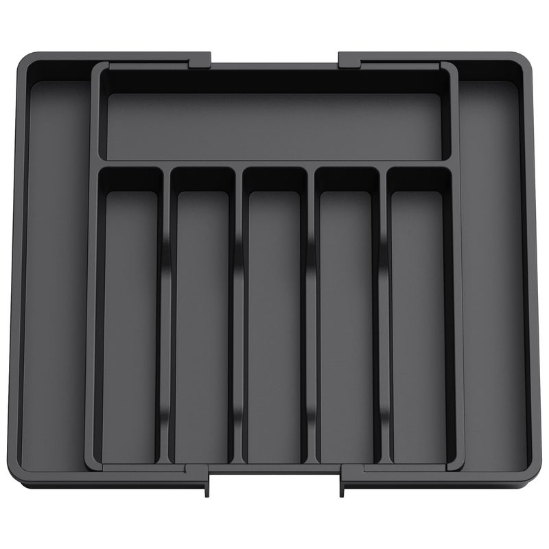 TRASSLE Silverware Drawer Organizer, Expandable Utensil Tray for Kitchen, Adjustable Flatware and Cutlery Holder, Compact Plastic Storage for Spoons Forks Knives, Large (Black) - Image 1