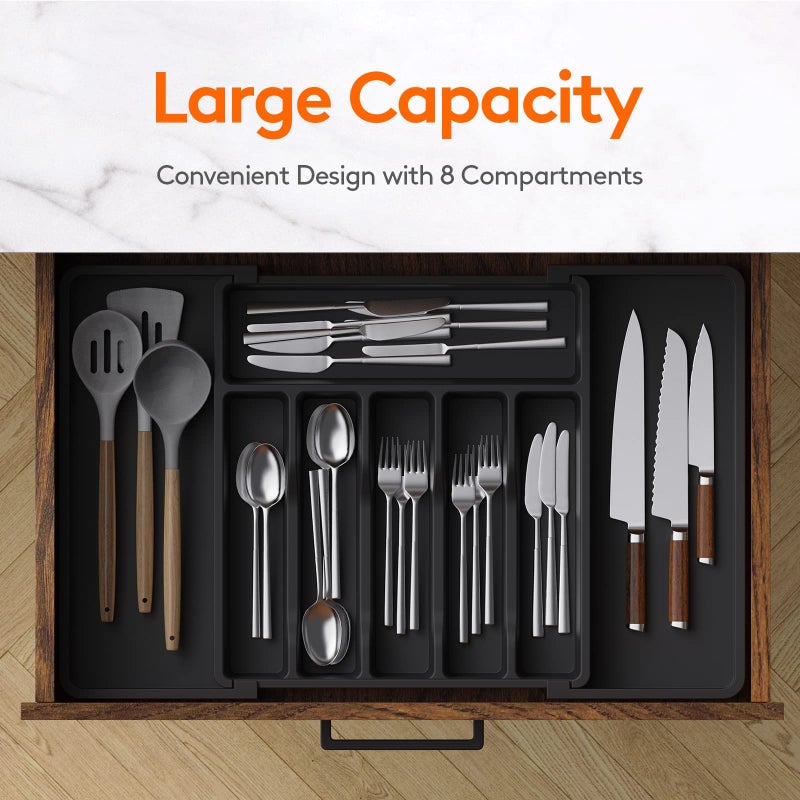 TRASSLE Silverware Drawer Organizer, Expandable Utensil Tray for Kitchen, Adjustable Flatware and Cutlery Holder, Compact Plastic Storage for Spoons Forks Knives, Large (Black) - Image 2