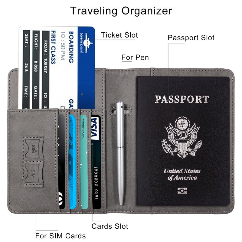 WALNEW Passport Holder for Travel, RFID Passport Cover Wallet for Women Men, PU Leather Passport Book Card Holder Case with Pen, Travelling Essentials for Flying - Image 3