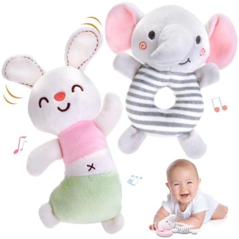 Plush Baby Soft Rattle Toys, Hand Grab Sensory Shaker, Cute Plush Stuffed Animal Rattle for Infants, Teething Toys for Newborn Babies 6-12 Months, Baby Shower Gifts, 2Pcs - Image 1