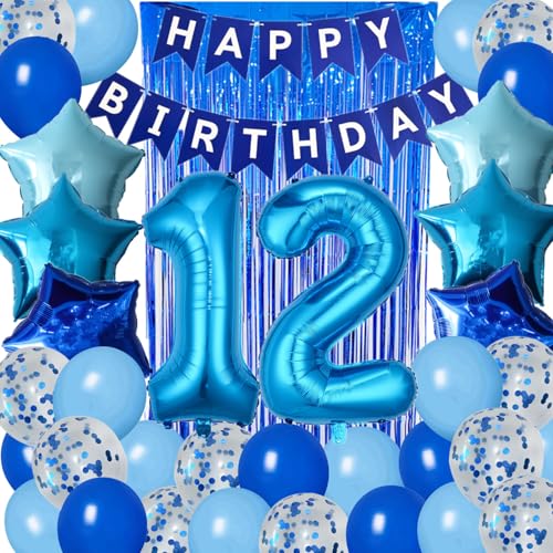 DUFACAI 12th Birthday Decorations for Boys Blue 12th Happy Birthday Banner Party Supplies Number 12 Balloons Fringe Curtain 12 Years Old Bday Party Supplies Kit for Him Her Girls Blue - Image 1