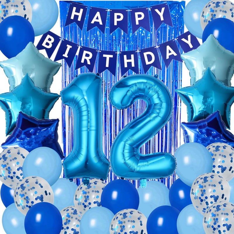 DUFACAI 12th Birthday Decorations for Boys Blue 12th Happy Birthday Banner Party Supplies Number 12 Balloons Fringe Curtain 12 Years Old Bday Party Supplies Kit for Him Her Girls Blue - Image 3