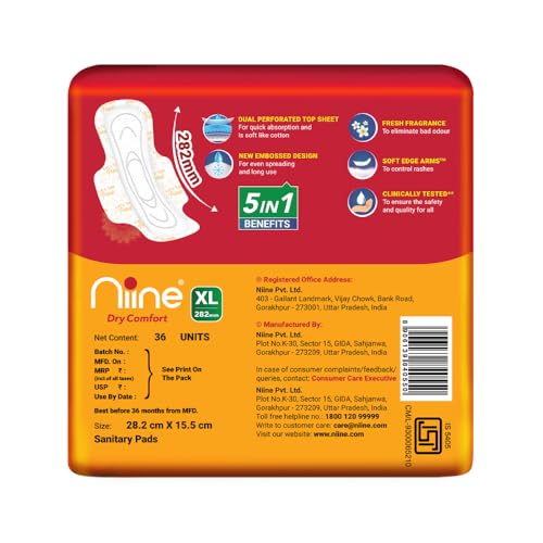 Niine Dry Comfort XL Sanitary Pads for Women |36 Pads, Pack of 1| 282 mm Long| Fast Absorption| Prevents Wetness & Leakage| Enjoy Leak-free Periods |With Anti-Leak Flow Channel - Image 2