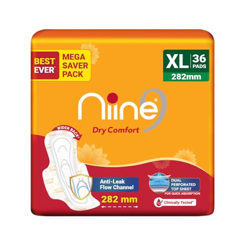 Niine Dry Comfort XL Sanitary Pads for Women |36 Pads, Pack of 1| 282 mm Long| Fast Absorption| Prevents Wetness & Leakage| Enjoy Leak-free Periods |With Anti-Leak Flow Channel - Image 1