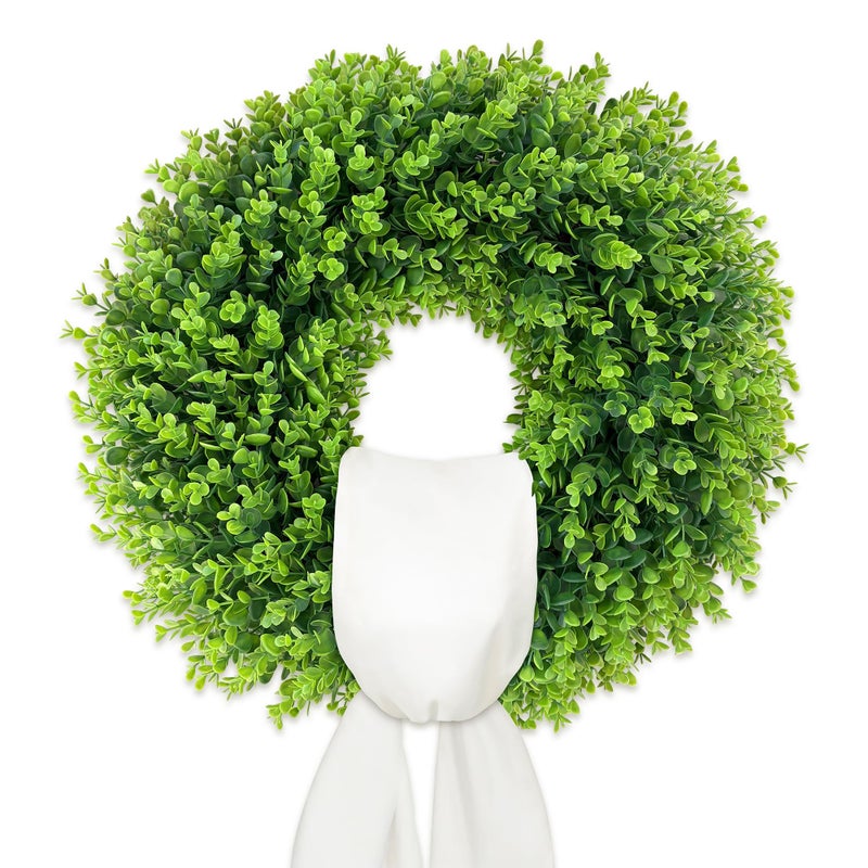 IDOGliitte+ 22 Inch Artificial Boxwood Wreath for Front Door - Folding Spring Summer Greenery Wreath with Sash, All Year Round Indoor Outdoor Decor for Farmhouse, Wedding, St Patrick's Day (Green) - Image 1