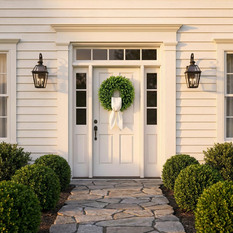 IDOGliitte+ 22 Inch Artificial Boxwood Wreath for Front Door - Folding Spring Summer Greenery Wreath with Sash, All Year Round Indoor Outdoor Decor for Farmhouse, Wedding, St Patrick's Day (Green) - Image 2