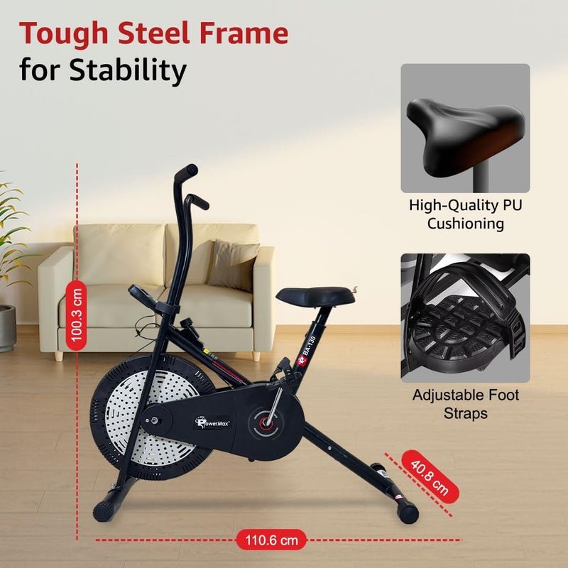 PowerMax Fitness BA-151 Air Bike with 1.5kg Fly Wheel, Moving Handles, Adjustable Seat | Home Gym Exercise Cycle for 120kg Max User | V-Belt Drive, Non-Slip Pedals | LCD Display - Image 5