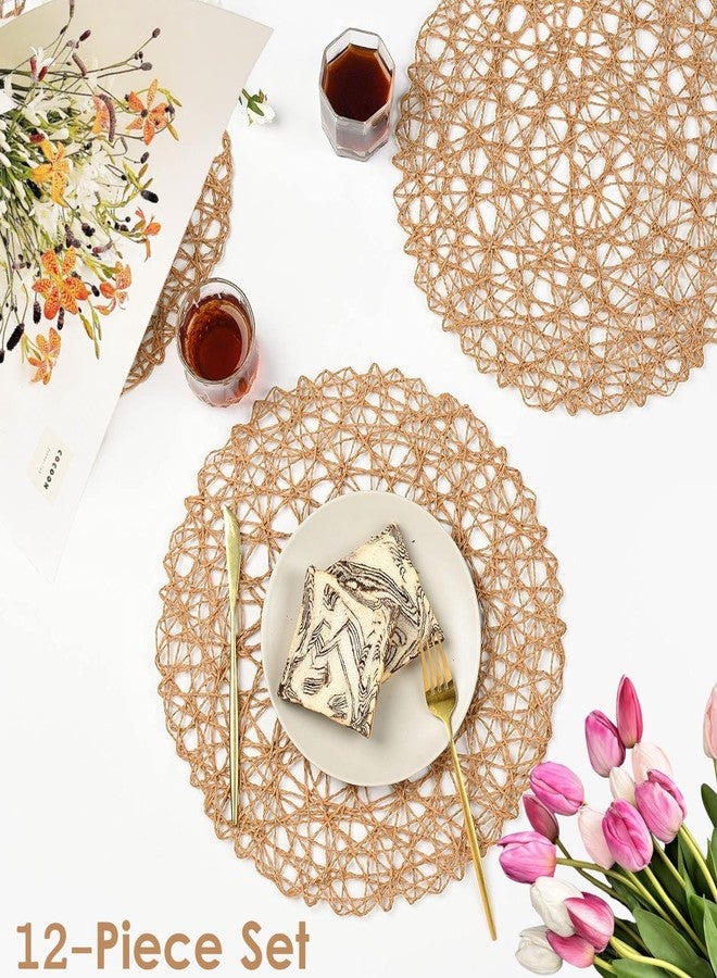 IcosaMro Brown Round Placemats Set of 12 for Dining Table, 13 Inches Paper Woven Boho Small Decorative Circle Place Mat for Wedding Christmas Thanksgiving Day Holiday Dinner, Light Coffee Brown - Image 2