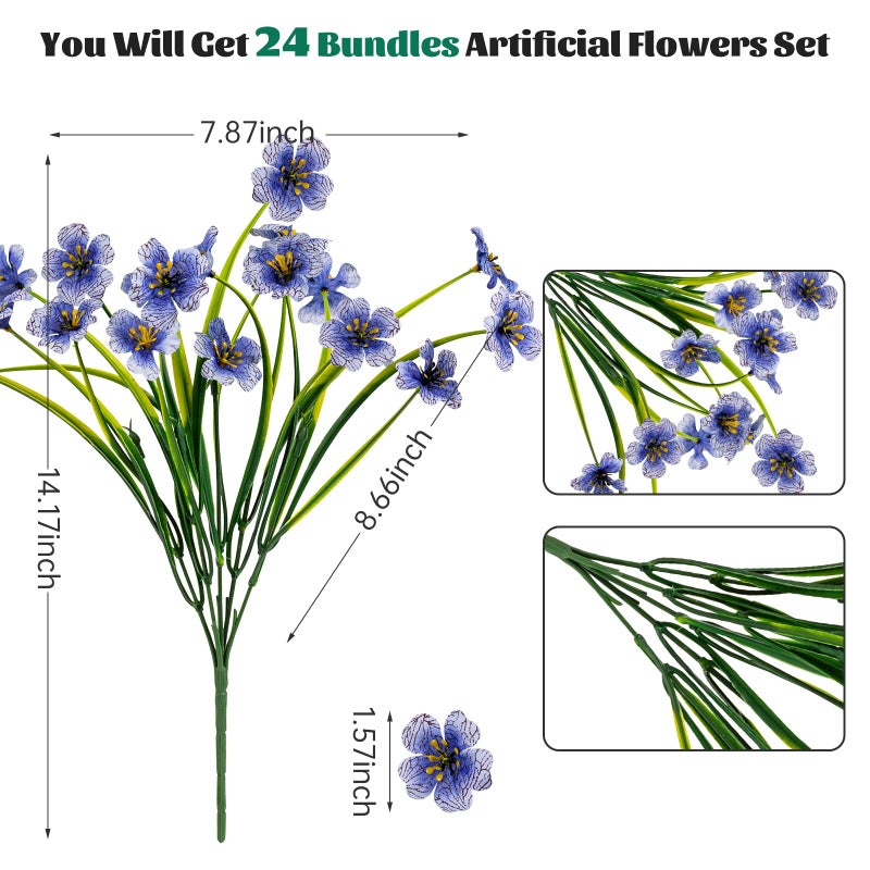 Lnoicy 24 Pcs Artificial Flowers for Outdoor,Plastic Flowers Decoration, UV Resistant Faux Flowers Shrubs, Artificial Plants for Indoor Outside Garden Home Wedding Farmhouse(Blue) - Image 2