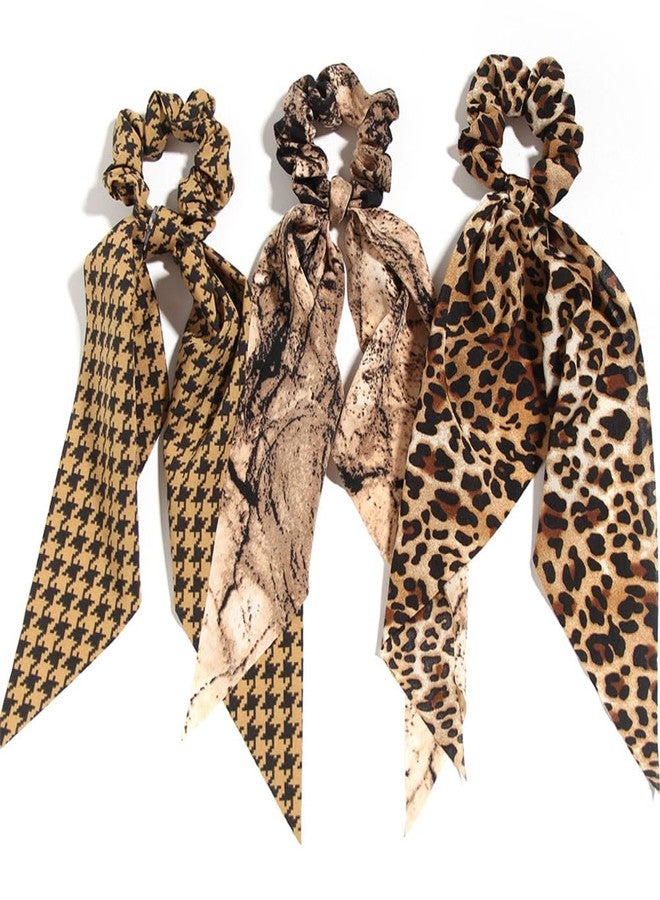 Finrray 3PCS Big Bow Hair Ties, Bowknot Hair Scrunchies Fabric Long Hair Ribbon Knotted Bow Ponytail Holder Leopard Check Elastic Hair Accessories for Women Girls (Leopard) - Image 1