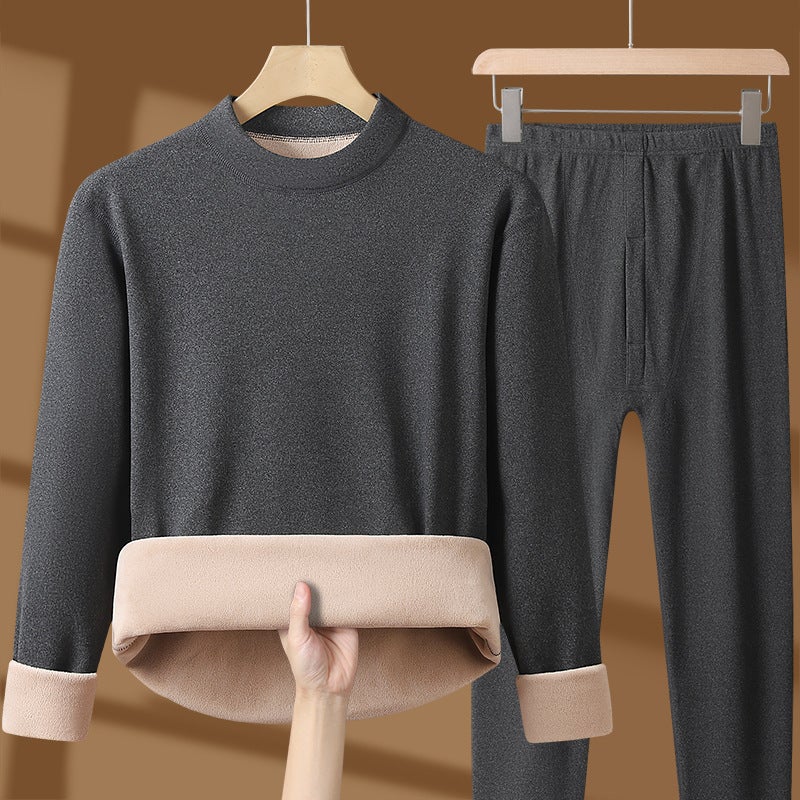 Warm Clothes Mens Thickened fleece-lined Cold-proof New Winter Womens Autumn Clothes and Autumn Trousers suit Lamb Fleece Mid-collar Dark gray men's style 