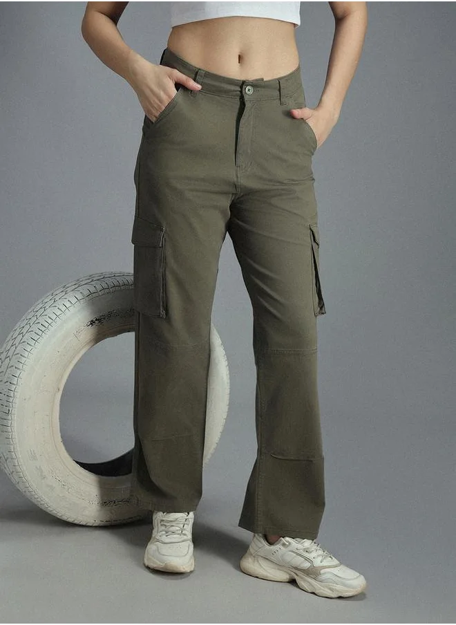 HIGH STAR High Rise Straight Fit Cargo Trousers by Styli
