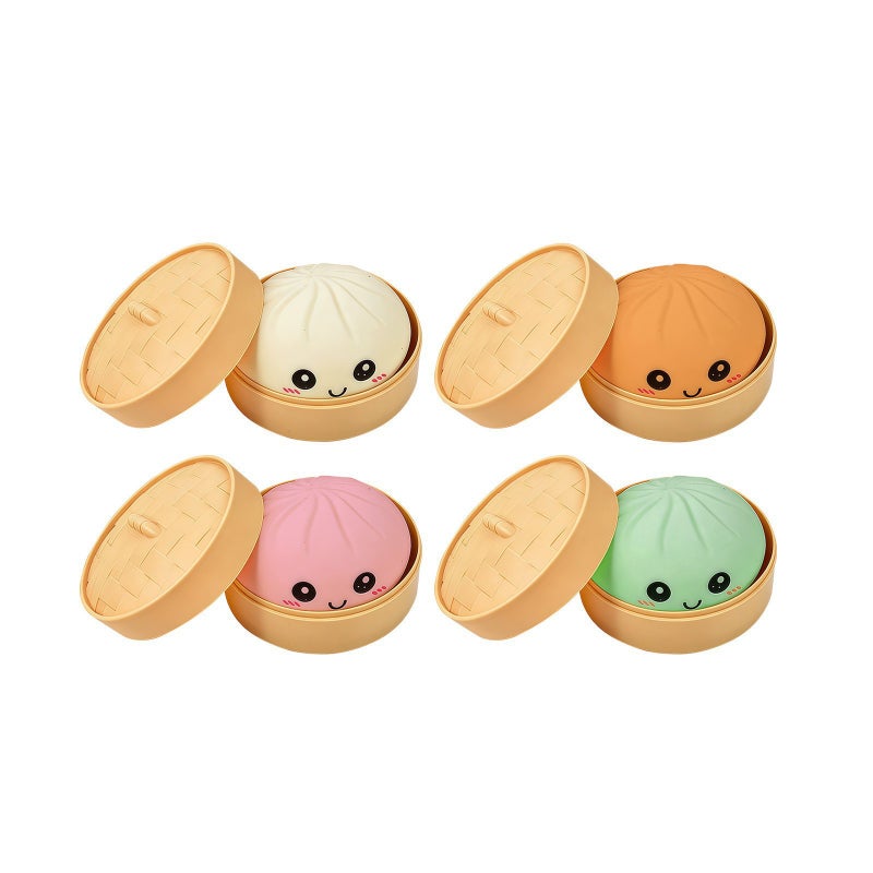 Colorful Smiley Face Squishy Steamed Bun Toy with Steamer Basket - Image 3