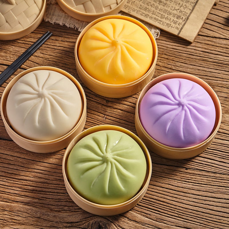 Colorful Smiley Face Squishy Steamed Bun Toy with Steamer Basket - Image 4