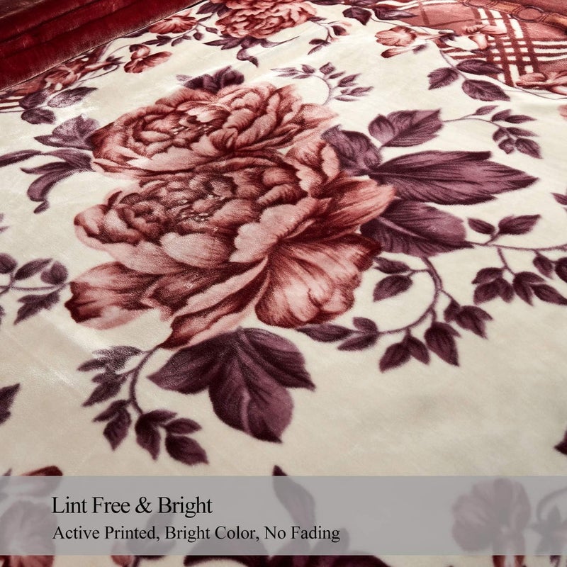 جي ام ال بطانية من الصوف من JML، حجم كينج سايز 85" x 93"، وزنها 10 رطل، ناعمة ودافئة، مكونة من طبقتين مطبوعتين بنمط راشيل، بتصميم ورد أحمر. - Image 5