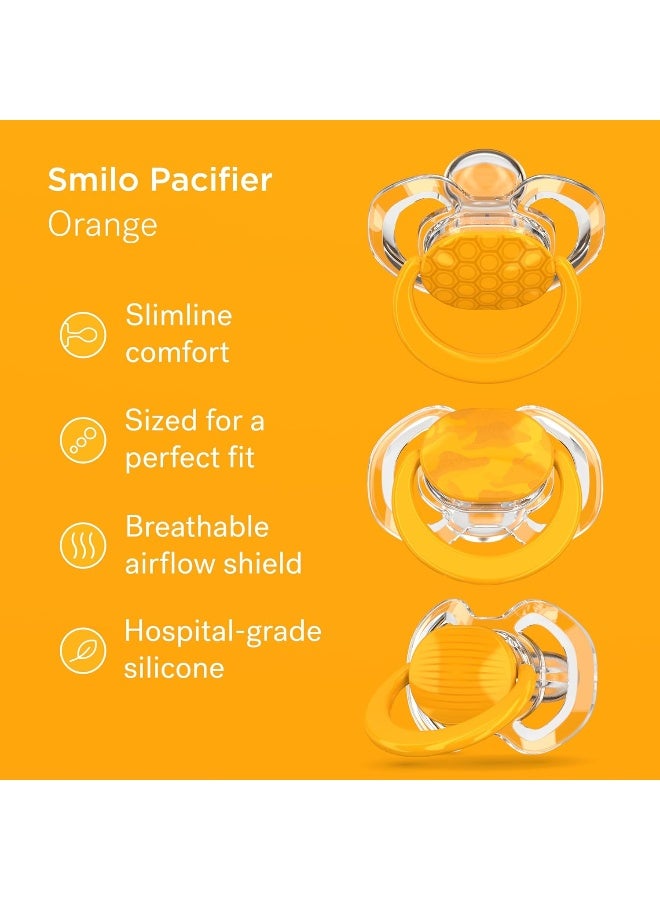 Smilo Baby Pacifier with Orthodontic Design for Healthy Dental Development - Stage 1 for Babies 0-3 Months - Pack of 3X 100% Silicone Newborn Pacifiers BPA Free - Orange - Image 2