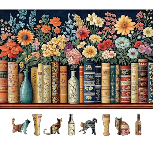 MINIWAN Vintage Books Flowers 500Piece Jigsaw Puzzle for Adults Floral Library Scene Puzzle with Colorful Blooms Decorative Book Spines Challenging Yet Relaxing Puzzle 23x15 - Image 1